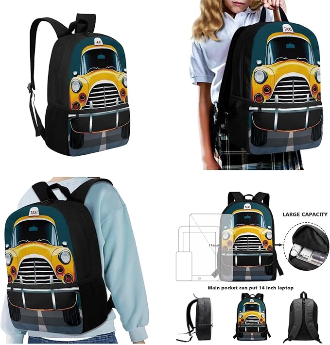 3 Set of Cartoon Taxi Pattern Backpack Set with Portable Lunch Box and Multilayer Structure Dirt-resistant Pencil Case for Boys Elementary High School Students