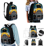 3 Set of Cartoon Taxi Pattern Backpack Set with Portable Lunch Box and Multilayer Structure Dirt-resistant Pencil Case for Boys Elementary High School Students