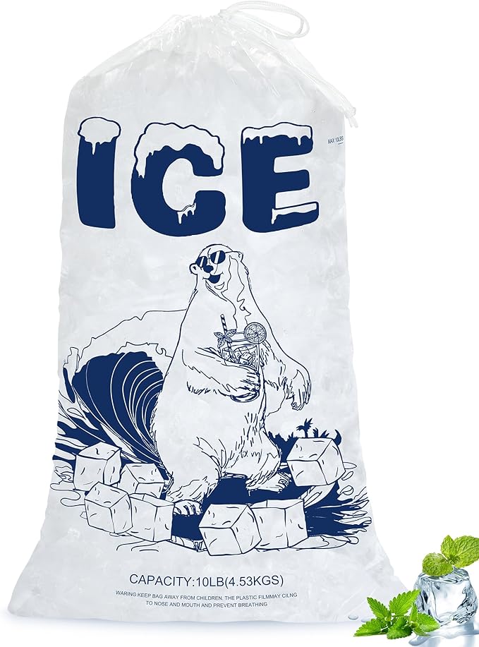 50 Pack 10lb Ice Bags with Drawstring – Heavy-Duty Reusable Plastic Ice Cube Bags for Freezer, Camping, Cooler, Leak-Resistant Ice Storage Bag