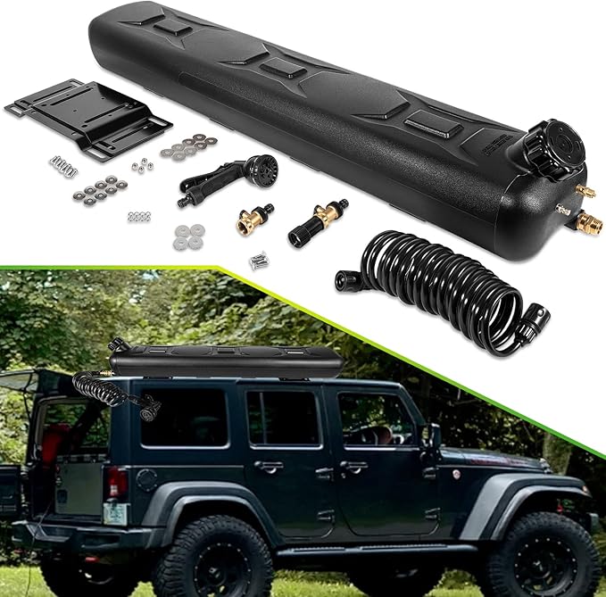 Yoursme 8-Gallon Pressurized Water Tank, Portable Camping Shower Water Storage with Spray Hose Roof Rack Mount for Pick-up Trucks & Off-Road Vehicles Overland Outdoor Activities Water Supply