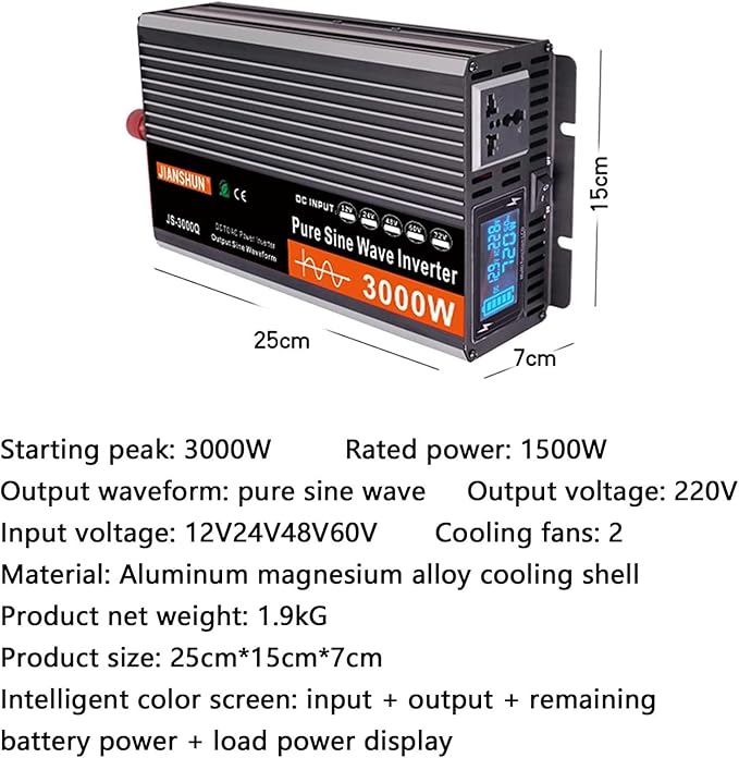 3000W 4000W 5000W 6000W (Peak)Pure Sine Wave Power Inverter, Intelligent Solar Power Inverter 12V/24V/48V/60V DC to 220V~240V AC Converter with LCD Display, AC Outlets ,for RV Truck Camping,3000W-48V