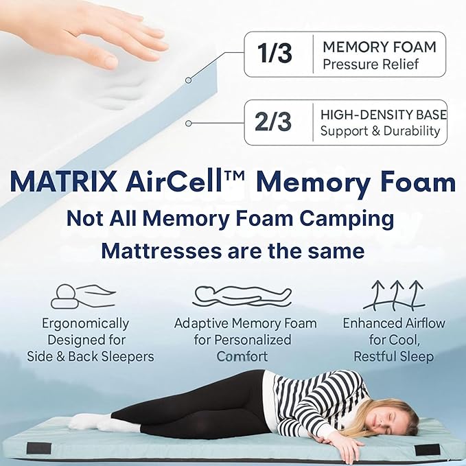 Hazli Matrix AirCell Memory Foam Camping Mattress Pad - CertiPUR-US Roll Up Mattress for Adults - Portable Foam Sleeping Mats for Camping - Camp Cot Sleeping Pad - Floor Sleep Mat Bed Roll for Car RV