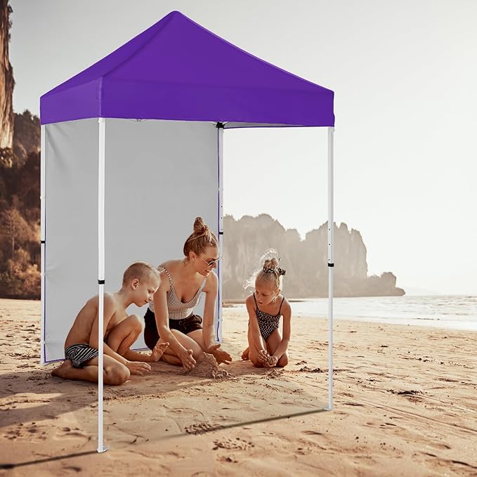 5x5 Pop Up Canopy Tent with One Sidewall, Instant Portable Beach Canopy, Outdoor Tent with Carry Bag for Camping, Sports, Tailgating, Events, Purple