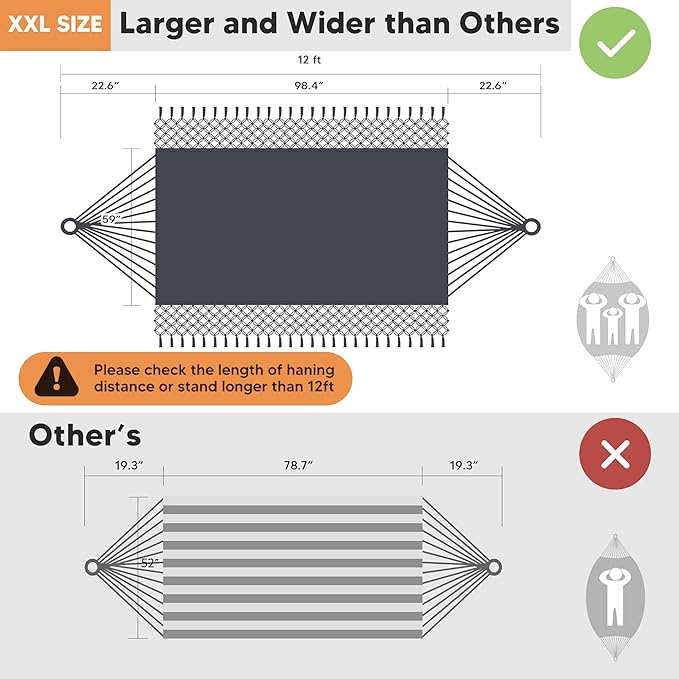 SUNCREAT Extra Large Double Hanging Hammock for Camping, Hammocks for Outside 2 Person Heavy Duty, Dark Gray with Tassels