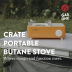 Gas One Butane Fuel Camp Stove – Crate Series - Mini Stove for Camping, Hiking – Portable Gas Stove with Spiral Flame – Even Heat Distribution – Modern and Easy to Use (Orange)