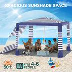 Rhino Valley Beach Cabana, 8 * 8FT Beach Tent UPF50+ Protection, Easy Setup Beach Canopy Wind Resistant with Cup Holder, Compact Beach Shade Foldable Beach Tent Sun Shelter, Blue Stripes