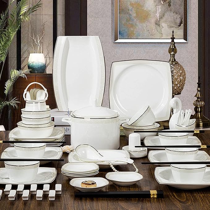 Milky White Porcelain Tableware Set Home Simplicity Combination Tableware Set of Bowls Dessert Plates Soup Plates Dinner Plates 70 Piece Set