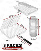 Grill Baskets for Outdoor Grilling, 3PCS Grilling Baskets with Removable Handle, Stainless BBQ Accessories for Vegetables, Fish, Shrimp, Outdoor Camping Cooking Tools Gifts for Men Dad