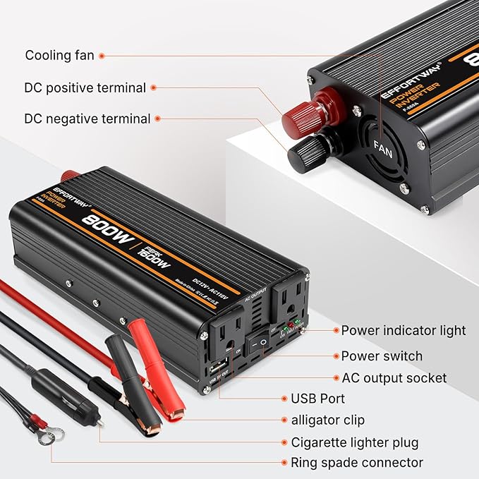800W Power Inverter, Inverter 12V to 110V with 2 AC Outlets, 2.1A USB Port, Car Power Inverter with Alligator Battery Clamp for Phone, Laptop on Camping, Road Trip