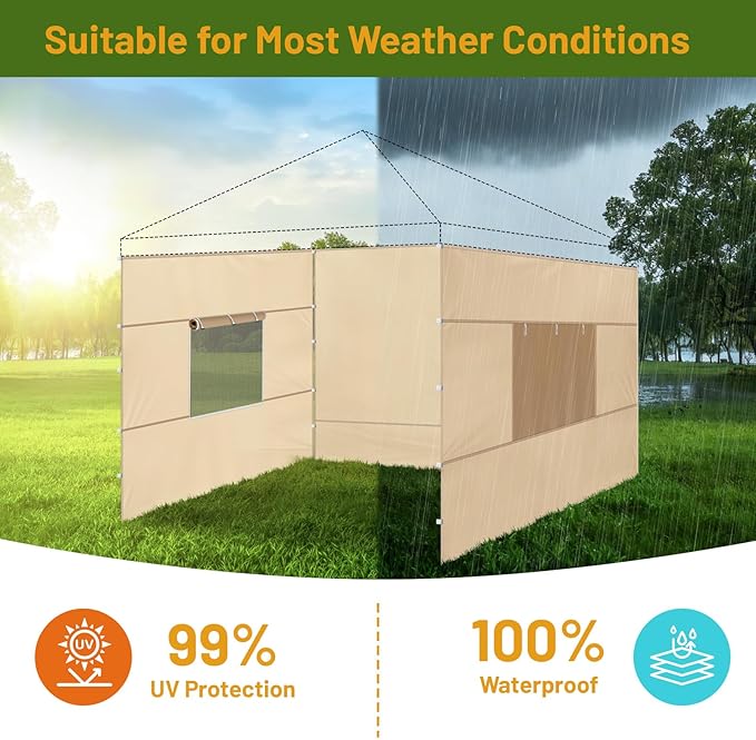 3 Pcs 10x10 Canopy Sidewalls with Roll-up Windows for 10x10 Pop Up Canopy Straight Leg Outdoor Instant Canopy Sidewall Waterproof & UV Protected for Outdoor Event Tents, 3 Sidewalls Only, Beige
