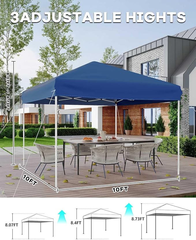 10x10 Pop Up Canopy Tent, Instant Outdoor Canopy with 3 Adjustable Heights, Includes 4 Sandbags & Carry Bag, UV Protection & Waterproof for Parties, Camping, Beach