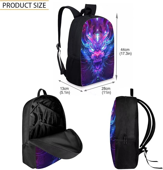 Dragon Backpack with Lunch Box 3 in 1 Cool Lightweight Bookbag for Boys 5-7 17 Inch Large Capacity Elementary School Bags Camping Lunch Bags Easy to Carry