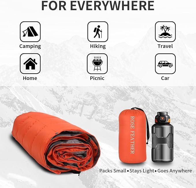 Down Camping Blanket - Lightweight, Packable, Warm & Puffy Outdoor Travel Quilt for Sleep, Hiking, Backpacking, Stadium, Festivals, Water-Resistant Sleeping Bag 55"x79"