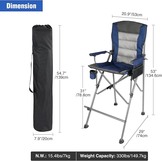 REDCAMP Oversized Tall Camping Chair for Adults 2 Pack, Portable High Folding Directors Chair, Foldable Bar Height Stool with Side Pocket for Lawn Sport, Blue