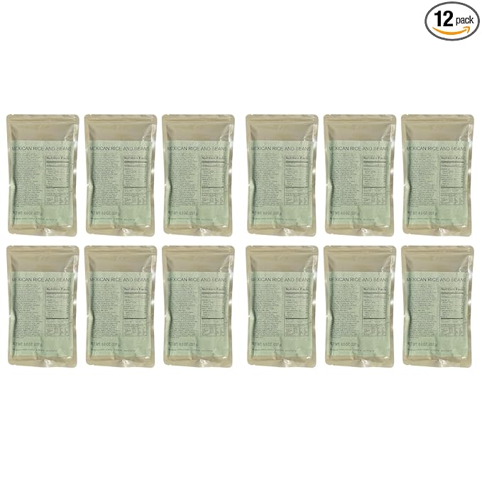 MRE (Meal-Ready-to-Eat) | Single Serving Entree | Emergency Meals | Survival Food | Fresh Dates | Long Shelf Life | Made in USA (12-Pack, Mexican Rice and Beans)