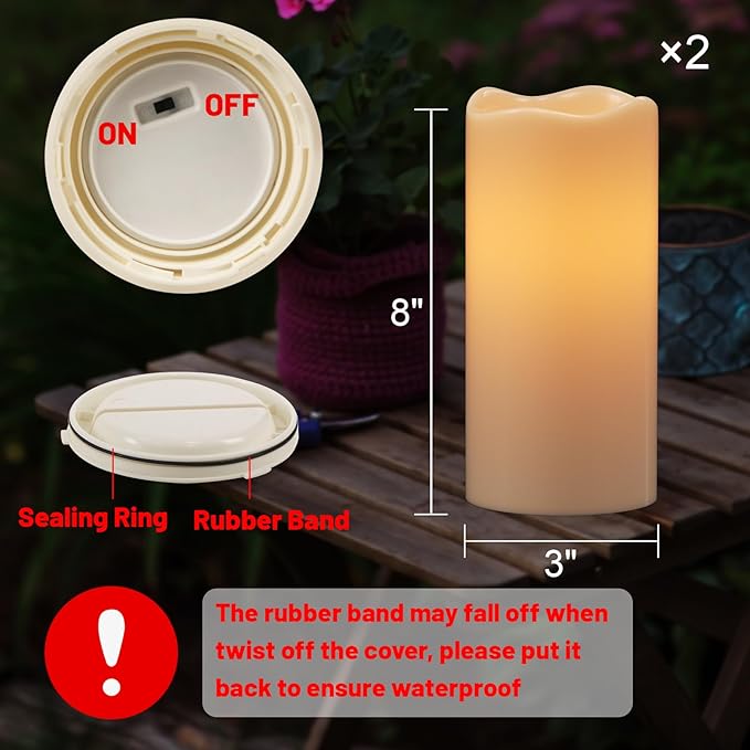 Wondise Solar Candles Outdoor Waterproof IP65 Rechargeable Solar Candles, Dusk to Dawn, Outdoor Pillar Candle for Camping Patio Porch Lanterns(2 Pack, 3" D x 8" H)