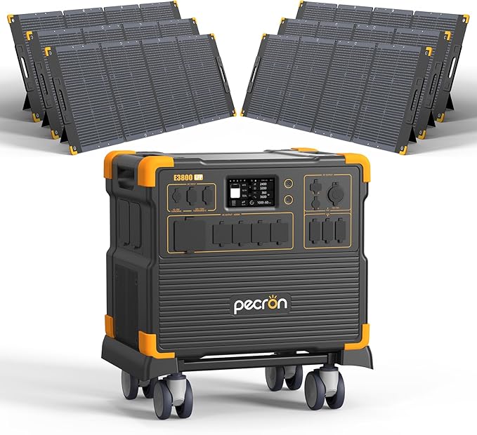 PECRON Portable Power Station E3800 LFP with 6x300W Solar Panels, 3840Wh LiFePO4 Battery, 4200W Solar Generator, Expandable to 53.76kWh Power Station Backup, Fast Charging for Home Emergency, Camping