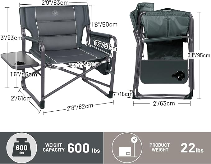 Timber Ridge XXL Directors Chair, 600lbs Capacity Heavy Duty Folding Camping Chair with Side Table & Insulated Pocket, Oversized Portable Chair with Carry Strap