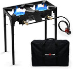GasOne Double Propane Burner with Carry Bag Adjustable Height 4-Tier Removable Legs for Outdoor Cooking – High Pressure PSI Regulator Camping Accessories Camp Stove – Cast Iron Portable Stove Top