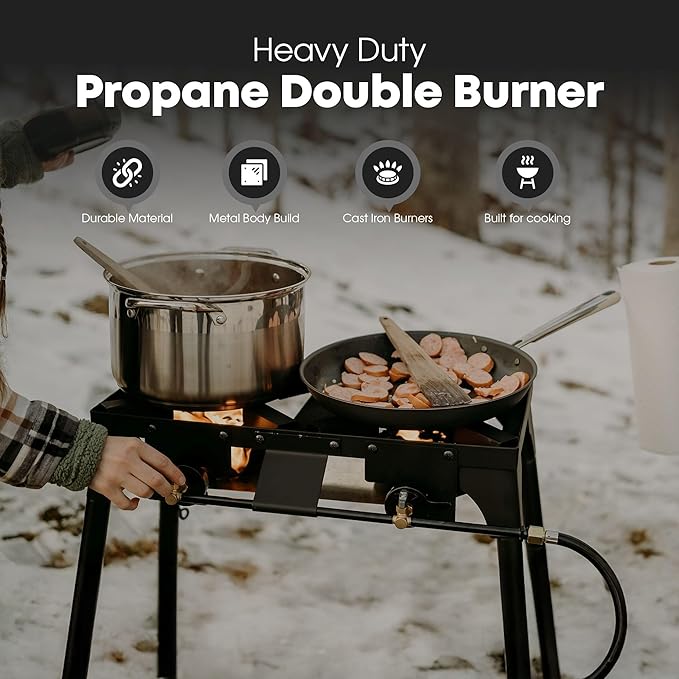 GasOne Double Propane Burner with Adjustable Height 4-Tier Removable Legs for Outdoor Cooking – High Pressure Camping Accessories Camp Stove – Cast Iron Portable Stove Top - Patent Pending