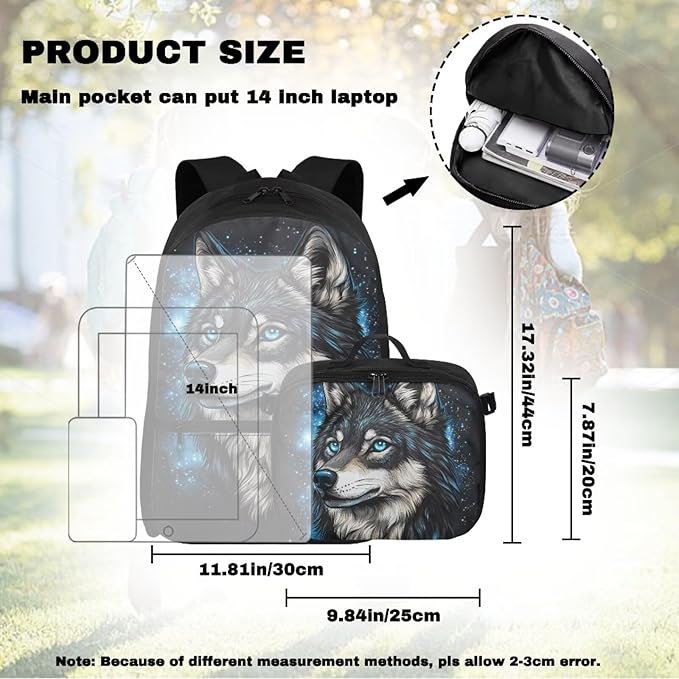 Wolf Bookbag for Men Galaxy Backpack with Lunch Box Large Capacity School Bag for College 17 Inches Book Bag with Adjustable Shoulder Strap for Travel