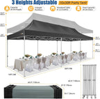 HOTEEL 10x30 Heavy Duty Pop up Canopy Tent for Parties with 8 Sidewalls, Easy Setup Outdoor Commercial Instant Gazebo for Wedding Event, with Portable Bag & Sand Bags, Black(Hexagonal Frame)