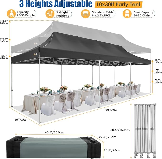 HOTEEL 10x30 Heavy Duty Pop up Canopy Tent for Parties with 8 Sidewalls, Easy Setup Outdoor Commercial Instant Gazebo for Wedding Event, with Portable Bag & Sand Bags, Black(Hexagonal Frame)