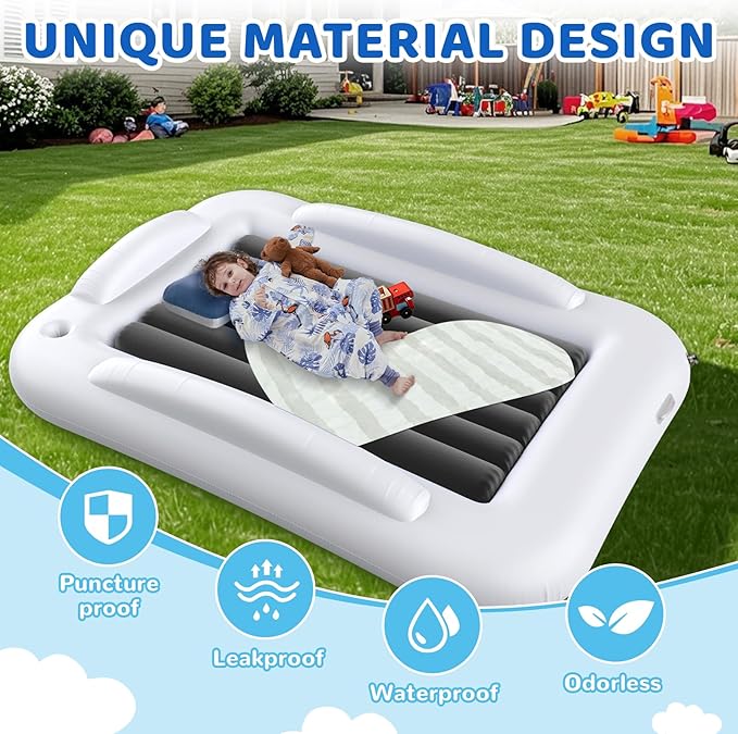 Inflatable Toddler Travel Bed - 60 Inches Portable Toddler Bed for Travel with Safety Sides - Cozy Kids Air Mattress Set with High-Speed Pump & Carry Case - Lightweight & Easy to Inflate -Grey