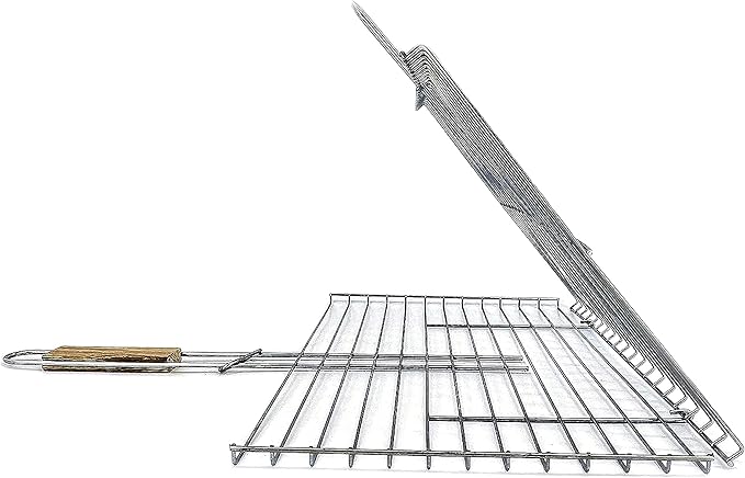 Hakan Grill Basket 11.8 x 15.8-inch for Outdoor Grill, Barbecue Basket for Fish, Steak, Chicken, Vegetables, Shish Kabob and Shrimp, Large Lockable Basket with Wooden Handle, Stainless Steel, BBQ