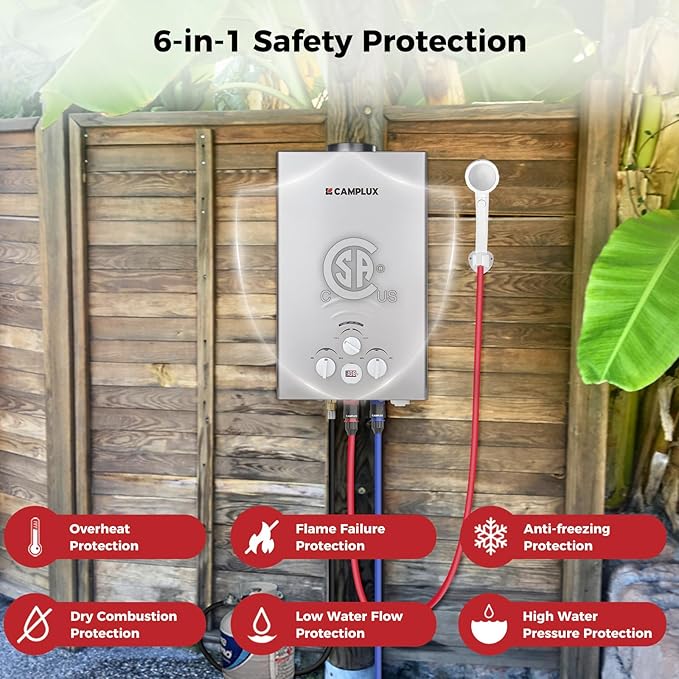 CAMPLUX Portable Tankless Water Heater, 2.11GPM, 55,000 BTU Propane, BW211G, Grey