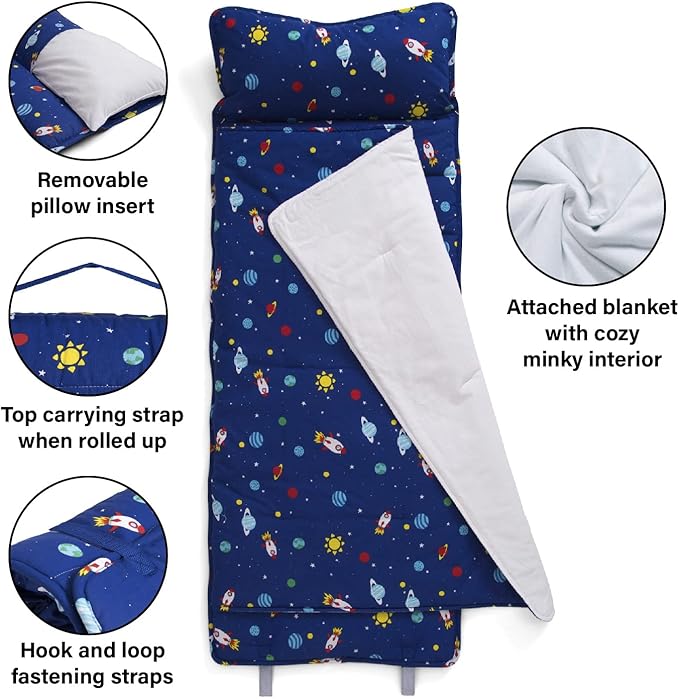 Delta Children Nap Mat - Includes Pillow & Blanket for Toddlers and Kids; Features Carry Handle w/Strap Closure and Name Tag; Rollup Design is Ideal for Preschool and Daycare; Personalization Optional