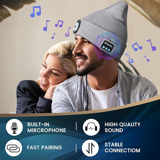 VIBELITE Bluetooth Beanie Hat with Light, Gifts for Men, USB Rechargeable LED Headlamp with Wireless Headphones, Birthday Gifts for Men, Dad, Him, Teen Boys, Husband, Women, Boyfriend, Grey