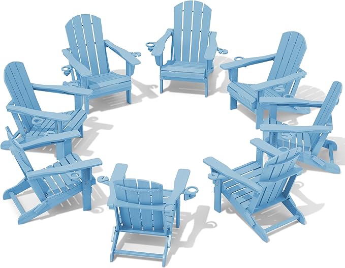 SERWALL Adirondack Chair with Cup Holders - Composite Adirondack Chairs Set of 8 HDPE Outdoor Chairs All Weather Use- Light Blue