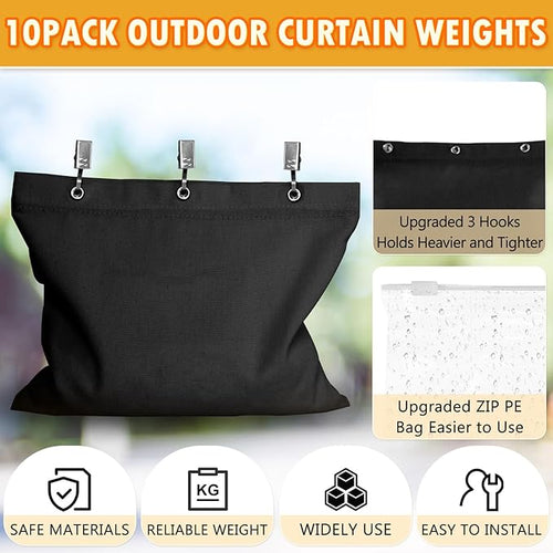10 Set Outdoor Curtain Weights Upgraded 30 oz High Weighted Sand Bags with 30 Metal Clips for Gazebo Patio Tent Tablecloth 7.5"*8.7"