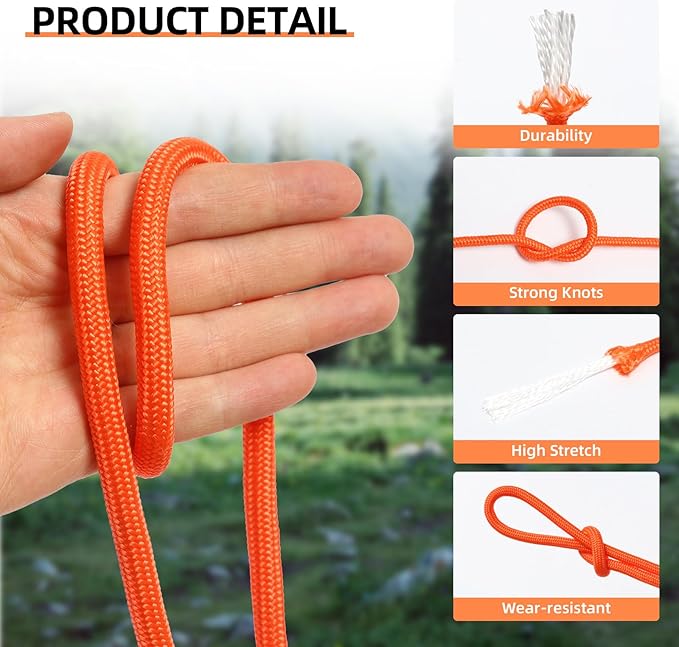 Nylon Rope, 1/3 inch 50FT Nylon Poly Rope Utility Cord Strong Polyester for Camping, Hiking, Clothesline, Tie, Flag Pole, Marine, Swing Outdoor & Indoor (8mm Orange)