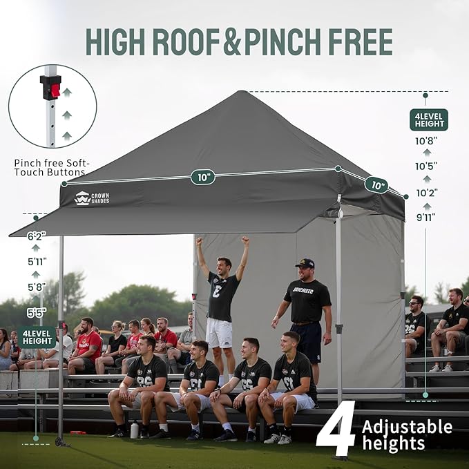 CROWN SHADES 10x10 Pop Up Canopy Tent with 4 Sidewalls, Instant Commercial Tent with 1-Person Setup Patended Centerlock, Extend Awning, 4 Sidewalls, 4" Wheels, Sto'N Go Bag, Grey