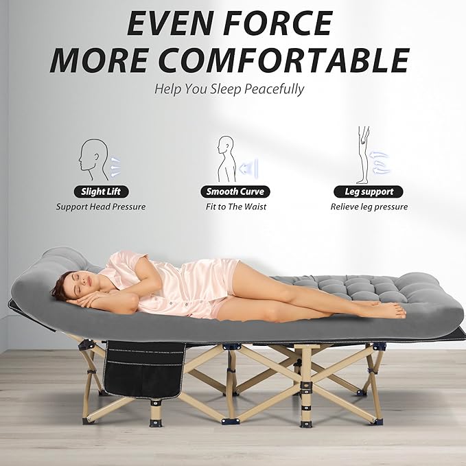 Folding Camping Cot for Sleeping, Portable Cots for Adults, Heavy Duty Cot Bed 550LBS(Max Load), Extra Wider Cots with Large Pocket for Outdoor, Office, Beach