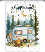 Happy Camper Small Stall RV Shower Curtain Rustic Tree Mountain Adventure Tent Camping Bathroom Curtains Travel Trailer Bathroom Accessories Set with Hooks 48 x 72 Inches