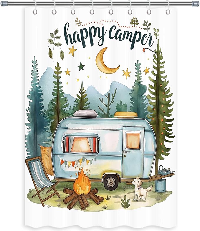 Happy Camper Small Stall RV Shower Curtain Rustic Tree Mountain Adventure Tent Camping Bathroom Curtains Travel Trailer Bathroom Accessories Set with Hooks 47 x 64 Inches