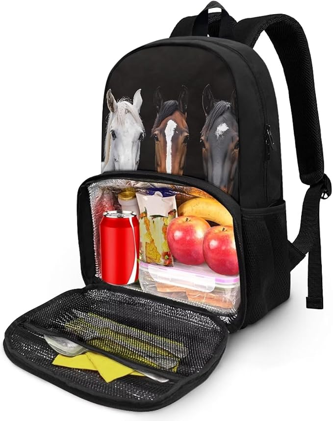 All In One Backpack Meal Bag for Men Women Kids, Hiking Picnic Travel School Cooler Backpack with Multi Pockets, School Bags Laptop Backpack for Boys, Horses Print