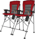 Extra Tall Folding Chairs for Adults 2 Pack, Portable Bar Height Foldable Director Chairs for Camping Outside, Comfortable with Makeup Pocket, High Back and Footrest,Red