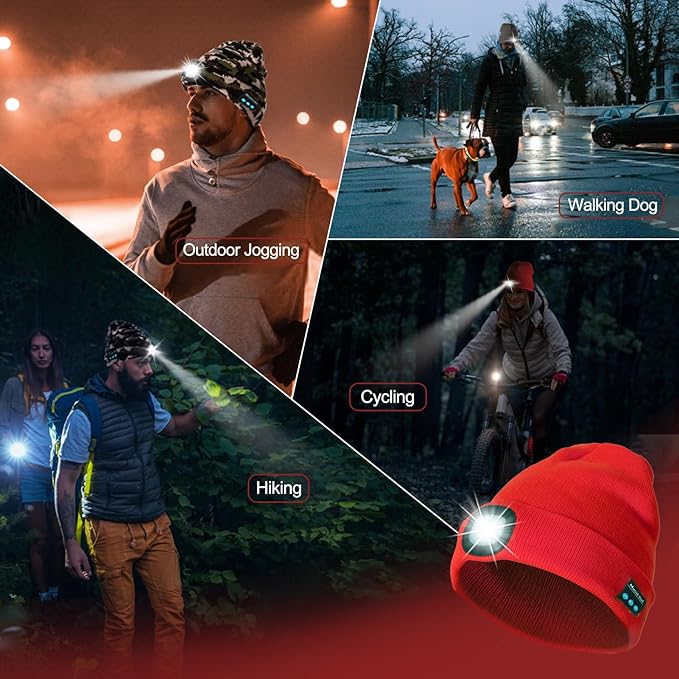 Gifts for Men, Rechargeable Bluetooth Music Unisex Beanie Hat with Light, Valentines Day Gifts for Him, Birthday Gifts for Men, Women, Red