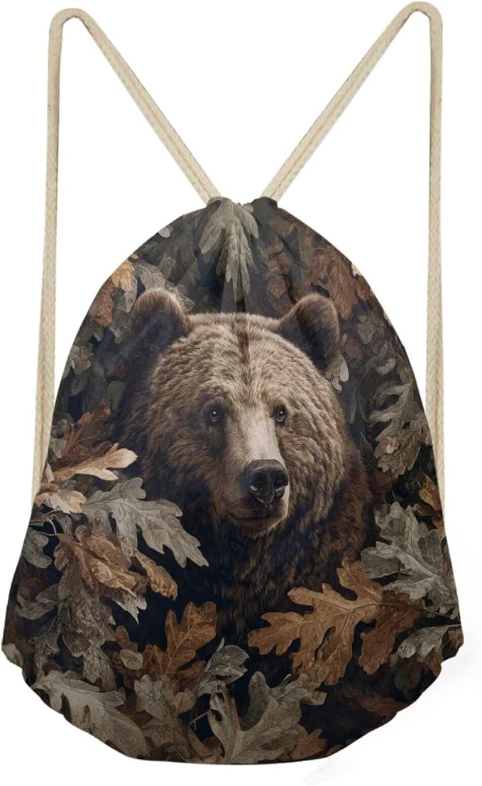 Upetstory Forest Bear Drawstring Backpack Camo String Trainer Bag Gym Cinch Sackpack Lightweight Beach Travel Storage Pouch for Outdoor Hiking Cycling Running Office Play Shopping