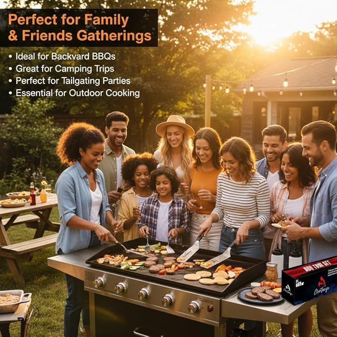 Blackstone Griddle Set 7-Piece w/2 Towels - 3mm Stainless Steel Spatulas, Scraper & Oil Bottles - Professional BBQ Tools for Blackstone/Camp Chef/Hibachi