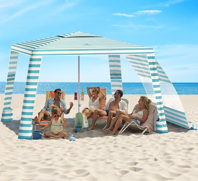 Rhino Valley Beach Cabana, 8 * 8FT Beach Tent UPF50+ Protection, Easy Setup Beach Canopy Wind Resistant with Cup Holder, Compact Beach Shade Foldable Beach Tent Sun Shelter, Light Blue Stripes