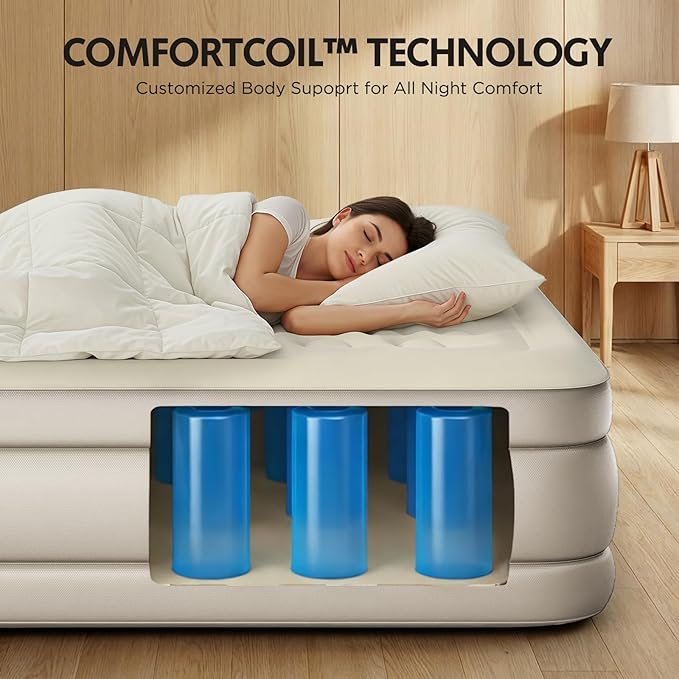 Simpli Comfy Inflatable 18” Queen Air Mattress with Built in Pump Self Inflating Blow Up Durable Heavy Duty Stay Firm Comfortable Air Bed Elevated for Home Guest Travel Relocate Camping