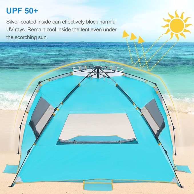 Wolfwise Instant Beach Tent Sun Shelter with Zippered Extendable Porch for Privacy, Portable Beach Tents with Carrying Bag, Easy Setup Pop up Beach Shade for 6-7 Person, 110 x57x57 in, Blue
