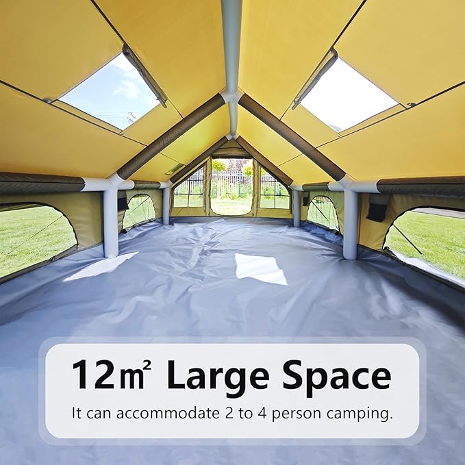 Large Luxury Inflatable Camping Tent Cotton Canvas Tent, Breathable and Waterproof Air Tent with Skylight and Stove Jack Hole for for 4-6-8-10 Person Family Camping