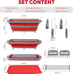 9-IN-1 Collapsible BBQ Prep Tub with Cutting Board, Portable Grill Prep Station with Side Brackets, Lids, Knives, Meat Claws and Drain Rack, Space-Saving for Kitchen, RV, Camping, Red