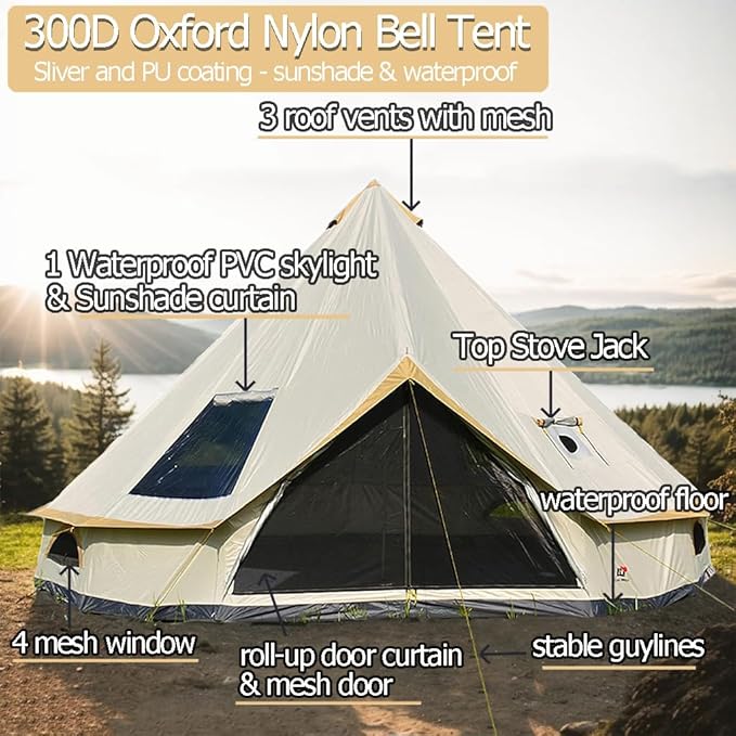 Backpacking Bell Tent with Top Stove Jack for All Year Living, 300D Oxford Waterproof Yurt Tents House for Camping Glamping, Parties, Outdoor Events-13/16.4FT